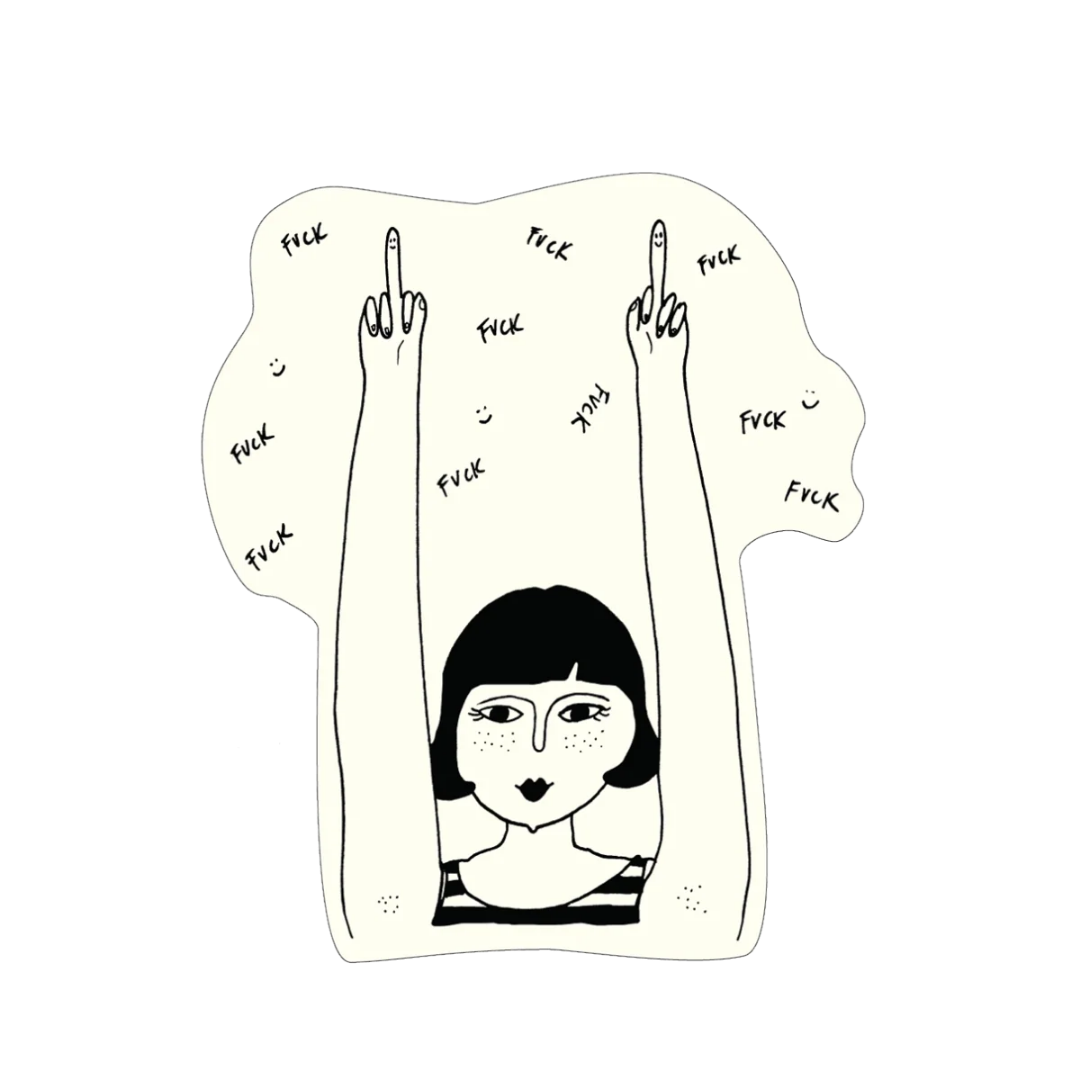 Pegatina de vinilo con forma de chica de pelo corto con los dos brazos levantados sacando el dedo corazón y las palabras fuck Fuck Fuck Fuck  alrededor