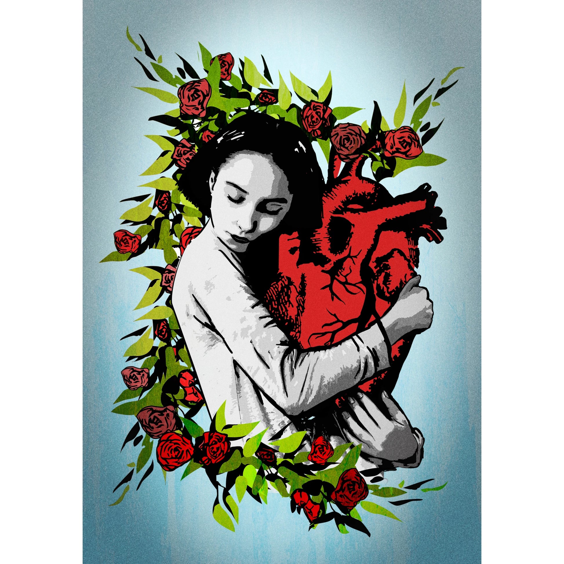 imagen de la grafitera La nena wapa, de una mujer abrazando un corazón anatómico con rosas y flores brotando alrededor