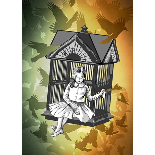 Ilustración de la artista La nena wapa de una niña sentada en una jaula y pintando pájaros con un spray de pintura