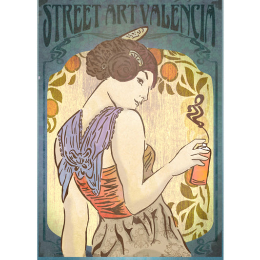 Imagen de la ilustradora La nena wapa de una fallera con un bote de pintura en spray, vestida con ropa moderna y con el texto street art valencia