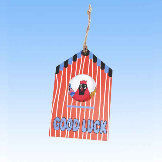 Tarjeta "Good Luck" de Miss Feathers, vista frontal con su ilustración