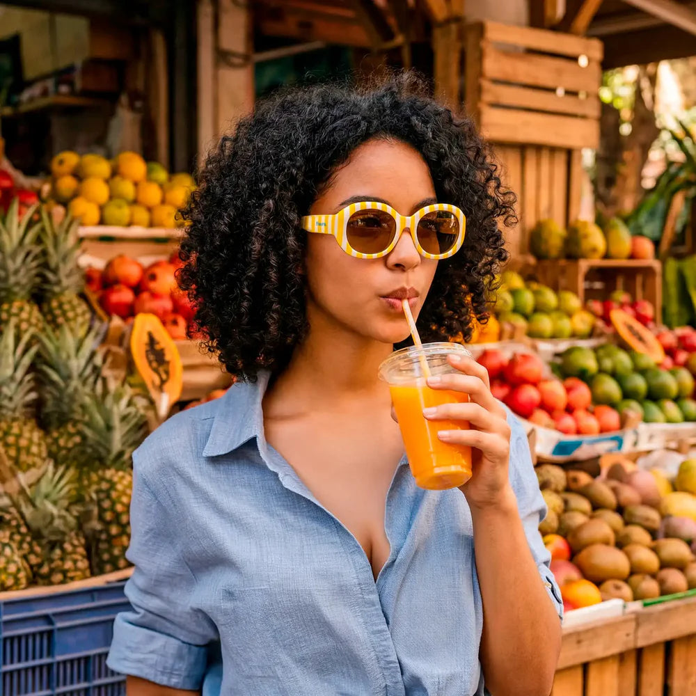 Chicha bebiendo zumo frente a un puesto de fruta tropical con unas gafas de sol con montura a rayas amarillas y blancas