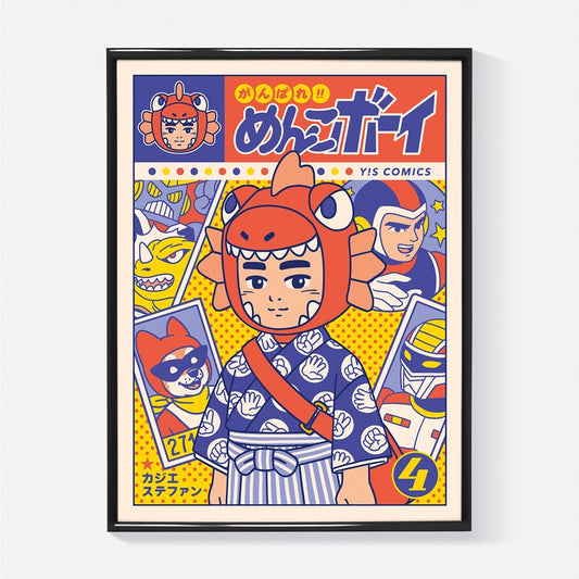 Print de Ganbare! Menko Boy, poster de 30x40cm enmarcado en un marco negro sobre fondo blanco. Un chico en primer plano con otras imágenes detrás y una incsripción en japonés arriba. 