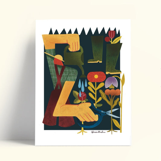 Ilustración de una chica con un gorro regando una planta y podando otra con unas tijeras. Al fondo se ven también unas botas de agua