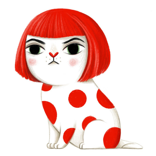 Ilustración de un gato con el cuerpo a lunares rojos y el pelo pelirrojo con flequillo como Yayoi Kusama