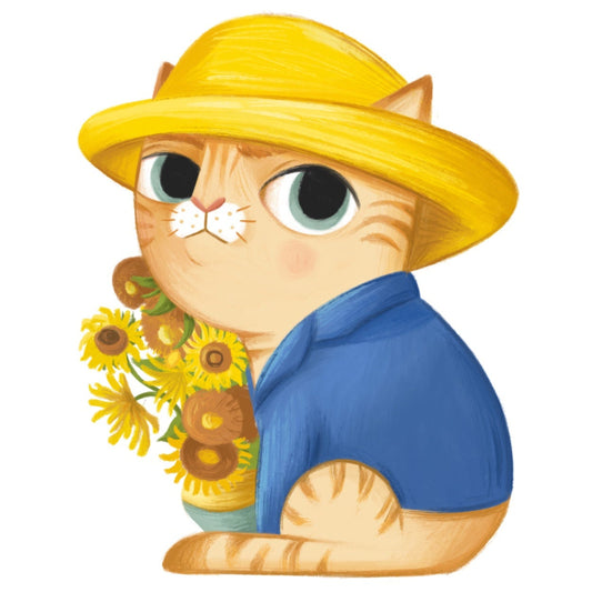 Ilustración de un gato caracterizado del pintor Van Gogh con sombrero amarillo y jarrón con girasoles