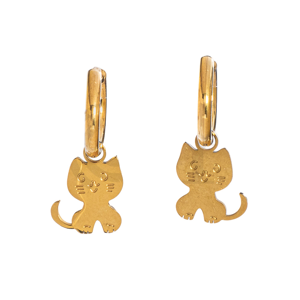 Pendientes de acero inoxidable dorado con arete y forma de gatito 