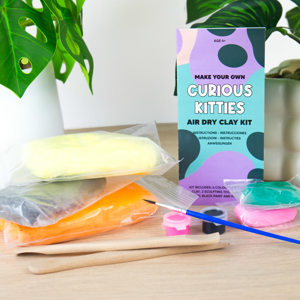 Contenido del Kit DIY Gatos: arcilla de colores, pinturas rosa y negra, pincel, herramientas de madera e instrucciones para modelar gatos.