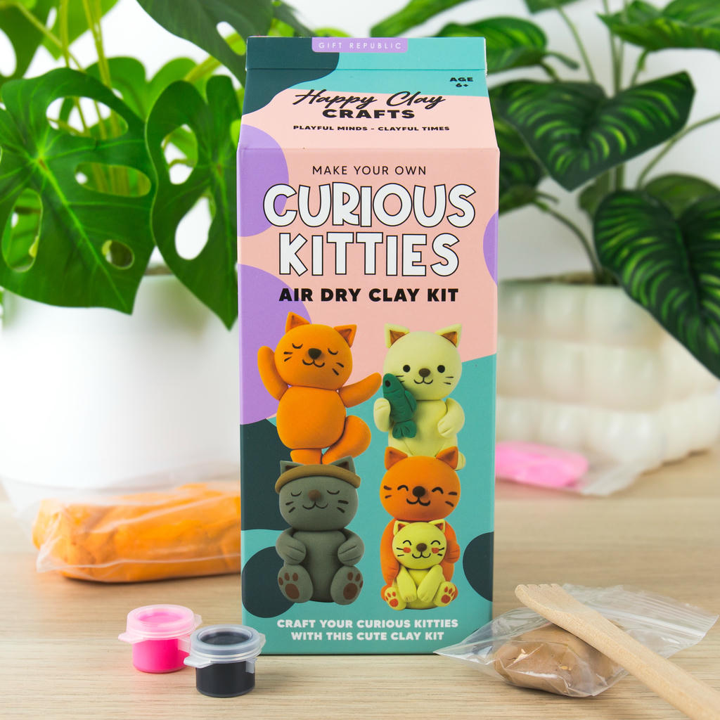 Kit DIY Gatos Curious Kitties, con caja ilustrada, arcilla de secado al aire, pinturas y herramientas sobre una mesa entre plantas