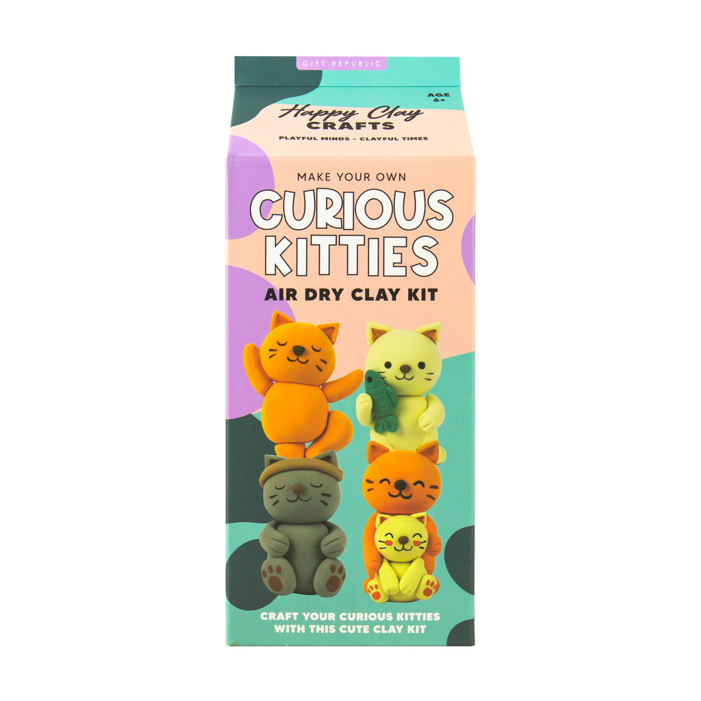 Caja del Kit DIY Gatos Curious Kitties sobre fondo blanco, con imágenes de cinco gatos de arcilla y diseño en tonos turquesa, rosa y lila.