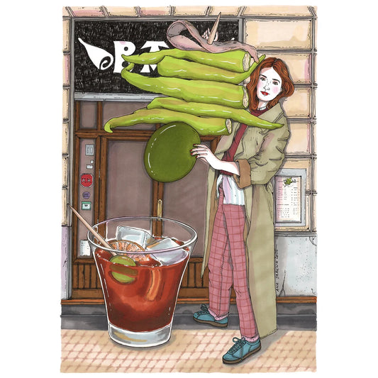 Ilustración de Ana Jarén de una chica con una Gilda gigante y un vermú en la puerta de un bar