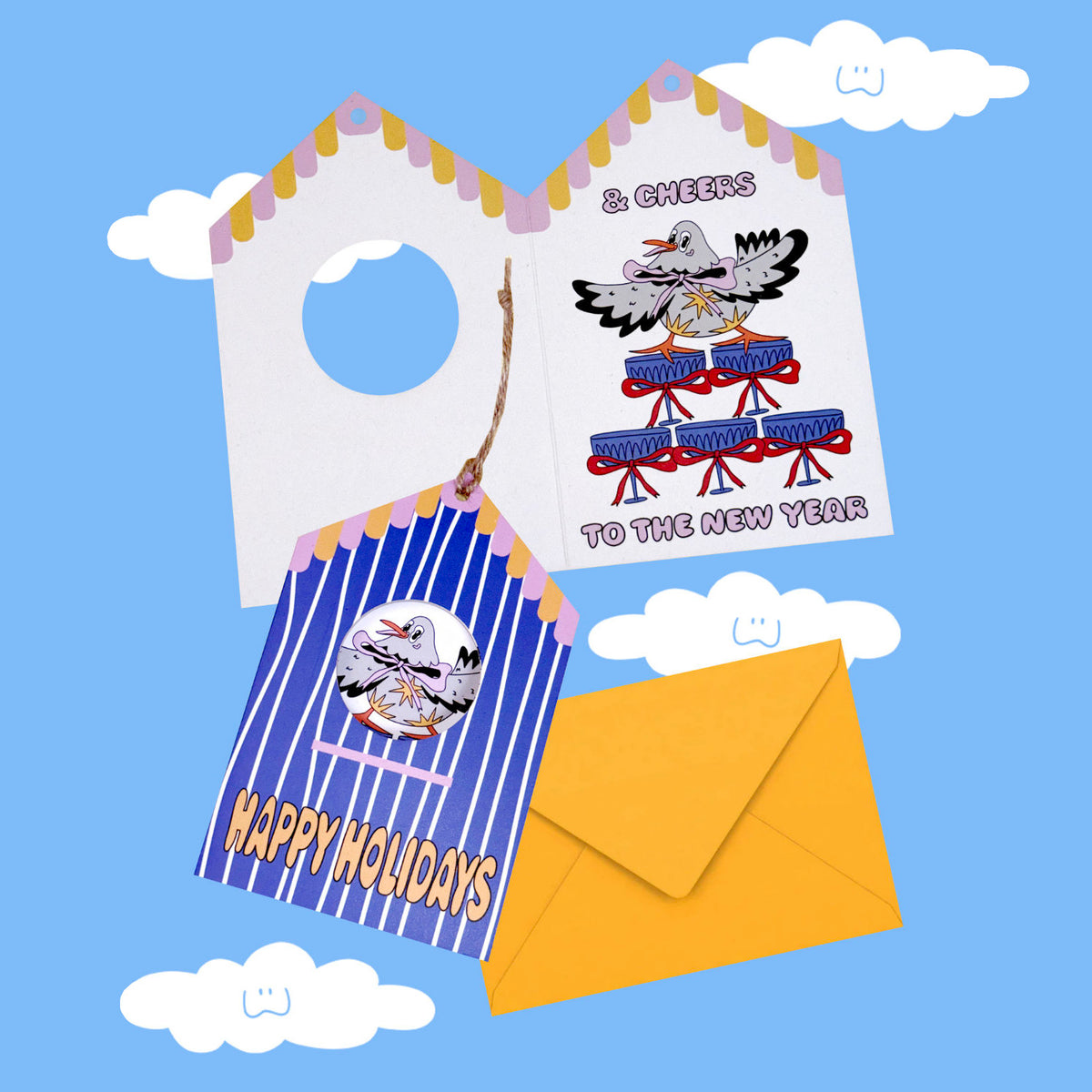 Tarjeta "Happy Holidays and Cheers" de Miss Feathers junto a su sobre a juego
