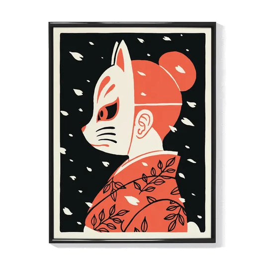 Ilustración de una mujer con kimono japonés de perfil con máscara de zorro en negro, rojo y blanco