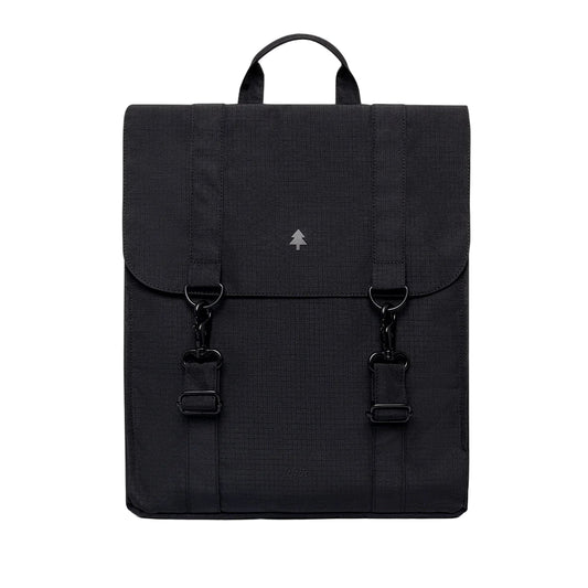 Mochila negra reciclada con tejido antidesgarros y forma plana de Lefrik