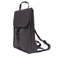 Vista lateral de la mochila plana y compacta de tejido reciclado e impermeable en color gris cemento y con cierre de mosquetón de la marca española Lefrik 