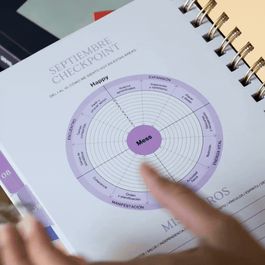 Animación de la agenda semanal 2027 Honrá tu poder de Happimess mostrando sus páginas interiores en movimiento