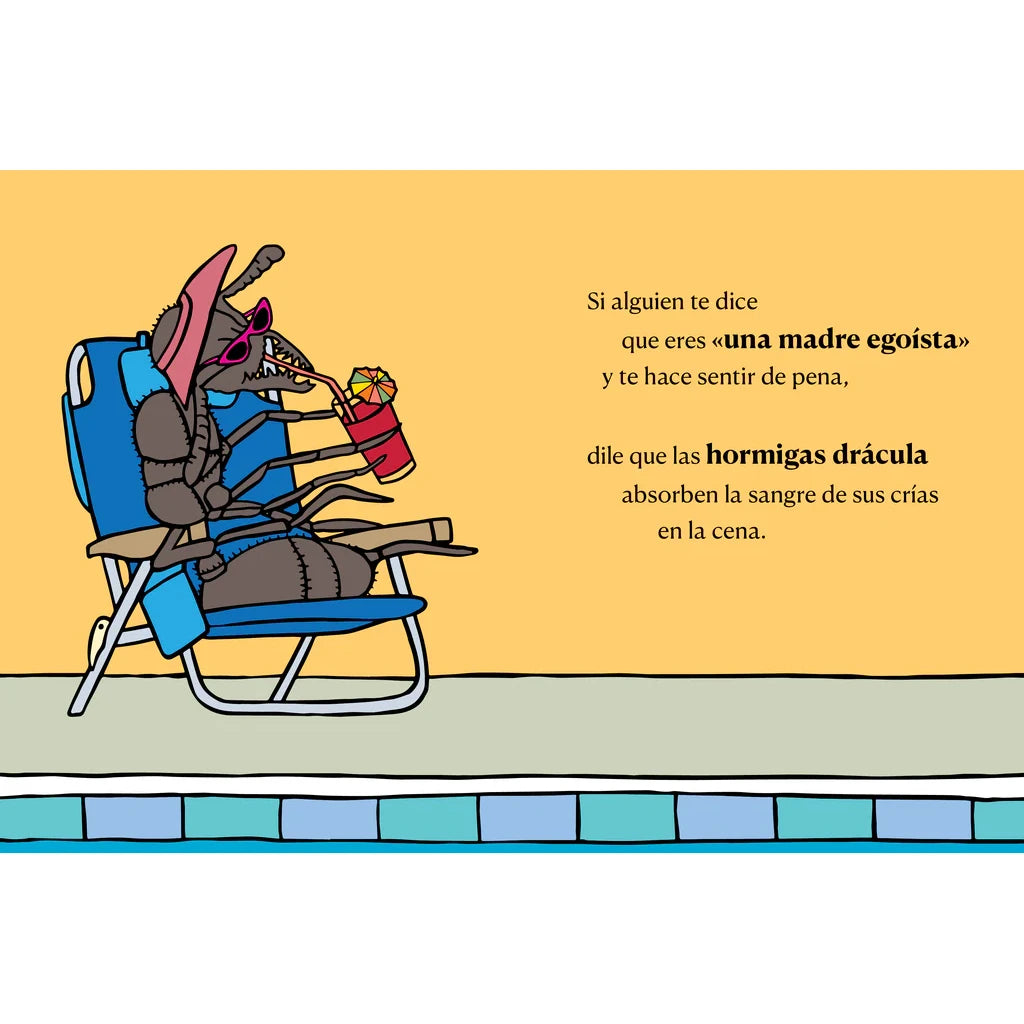 Página del libro Hay mamás mucho peores que tú ilustrada con una hormiha bebiendo un coctail rojo sentada en una silla de piscina