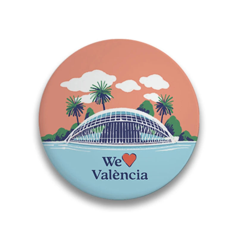 Imán redondo souvenir de Valencia con la ilustración del hemisferic de la Ciudad de las Artes y de las Ciencias