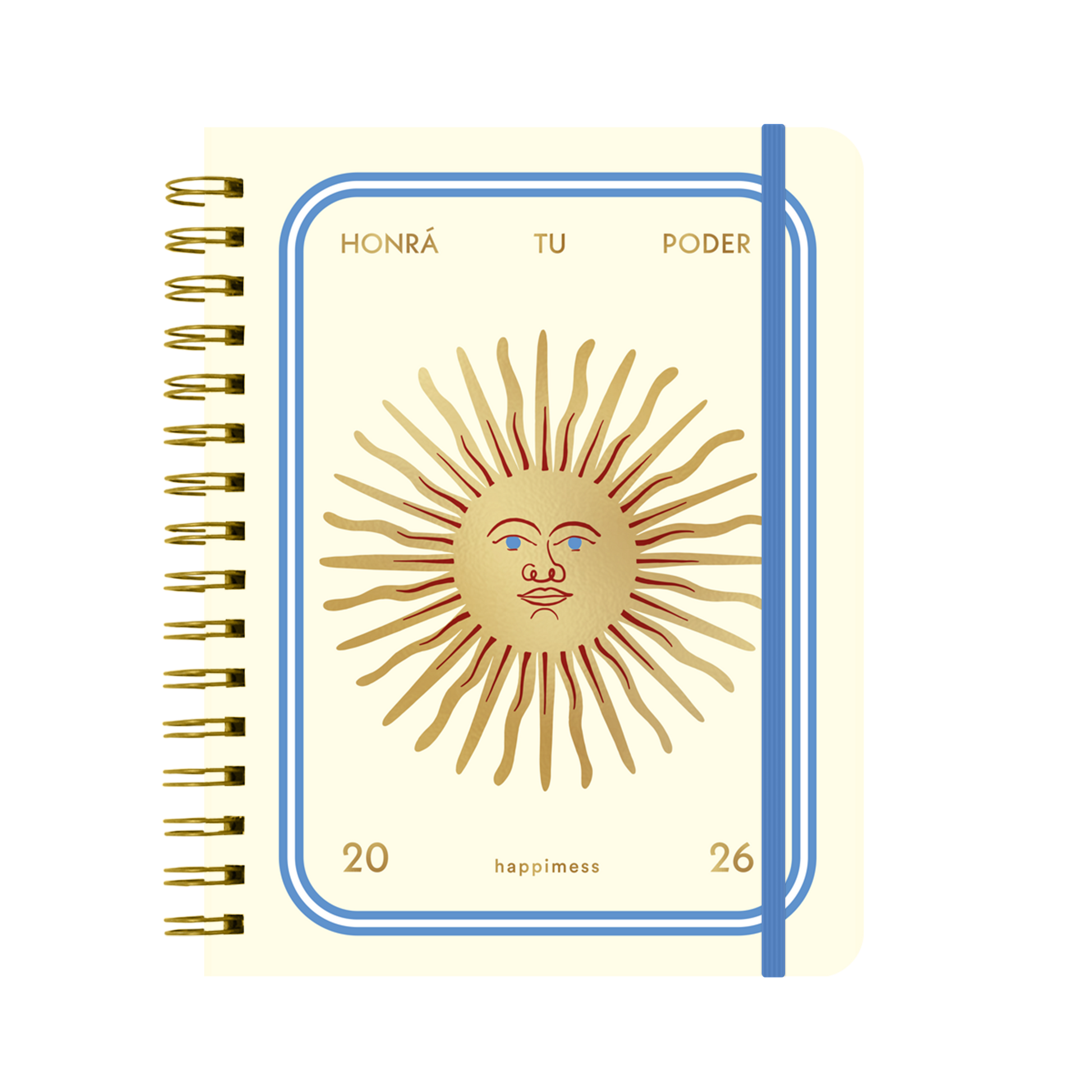 Portada con un sol de la agenda de Happimess 2026 Honrá tu poder, con organización semanal 