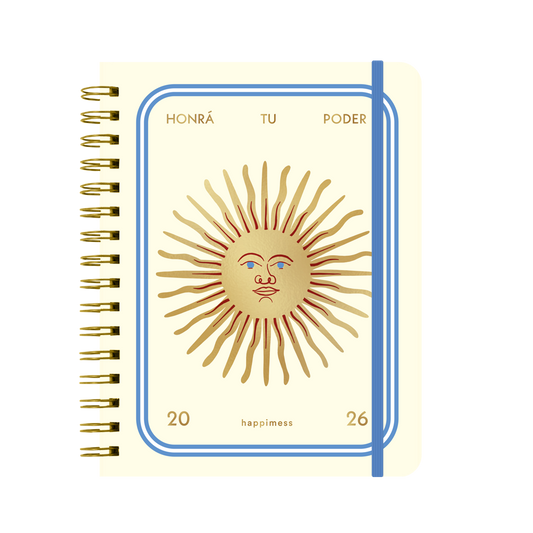 Portada con un sol de la agenda de Happimess 2026 Honrá tu poder, con organización semanal 