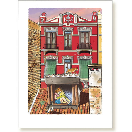 Print de VLC Prints con ilustración de una chica leyendo en una buhardilla con gatos en los tejados y una fachada modernista roja de Valencia de fondo