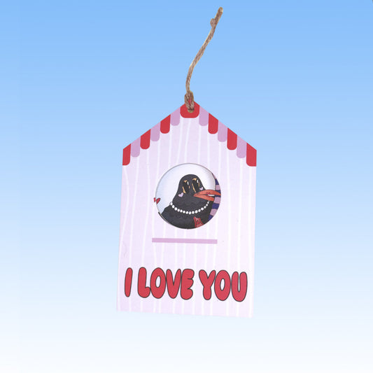 Tarjeta "I love you" de Miss Feathers, vista frontal con su ilustración