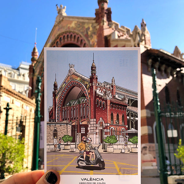 Postal con ilustración del Mercado de Colón de Valencia