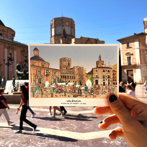 Postal con ilustración de la plaza de la Virgen