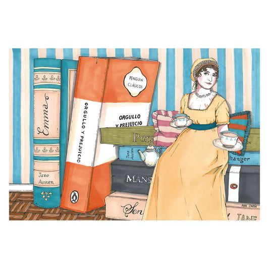 Ilustración de la escritora británica Jane Austen sentada en una estantería con sus novelas