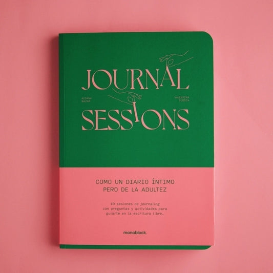 Portada del cuaderno Journal Sessions, para practicar la escritura escribiendo un diario en color verde y rosa