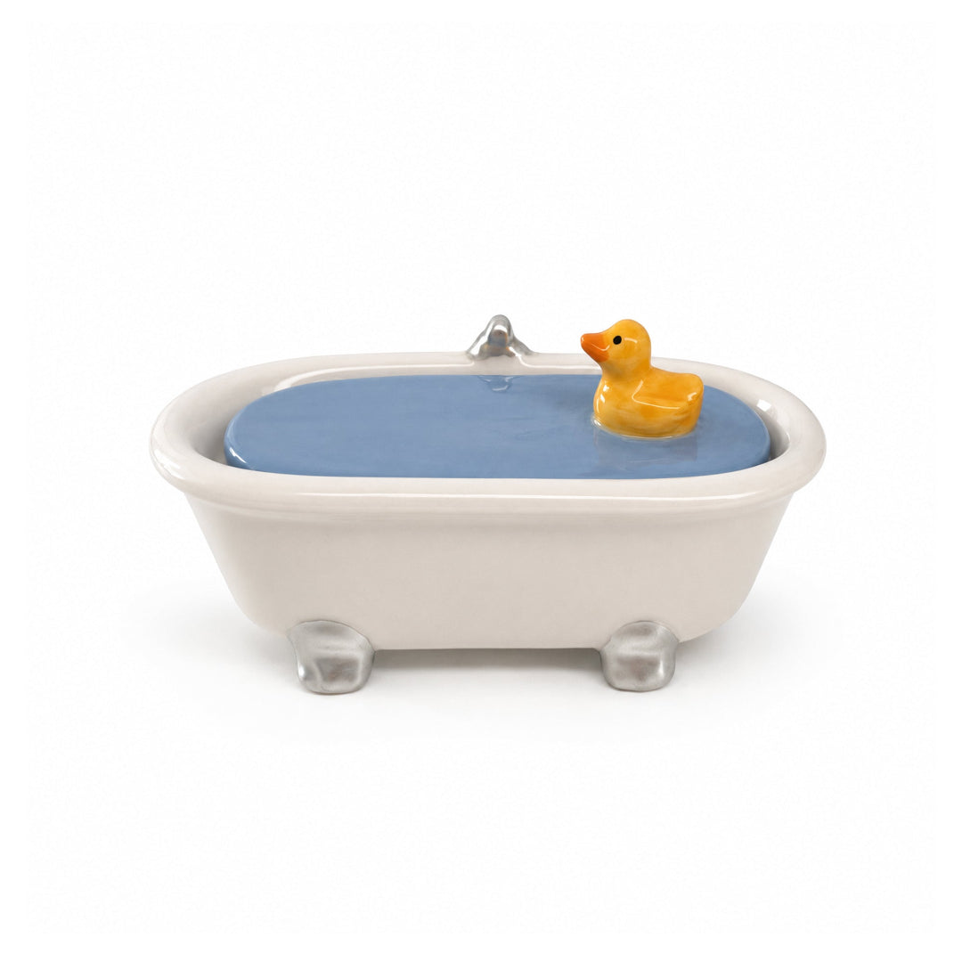 Joyero decorativo de cerámica con forma de bañera con un pato nadando en la superficie del agua