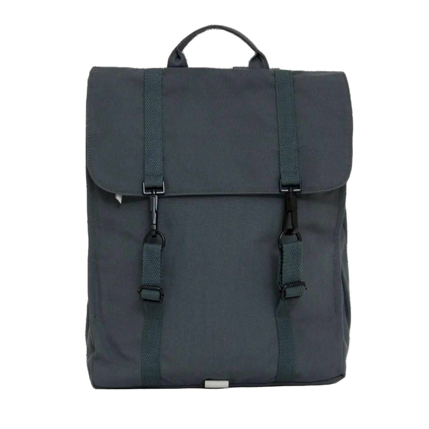 parte delantera de la mochila de lefrik en modelo handy con dos enganches metálicos y en color azul oscuro hoja de laurel