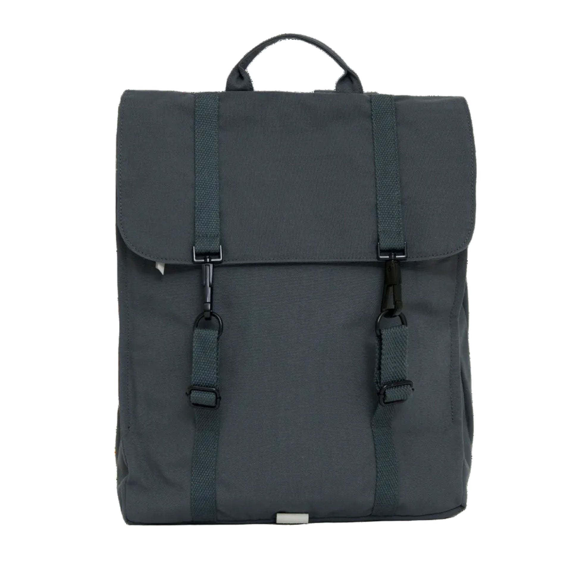 parte delantera de la mochila de lefrik en modelo handy con dos enganches metálicos y en color azul oscuro hoja de laurel