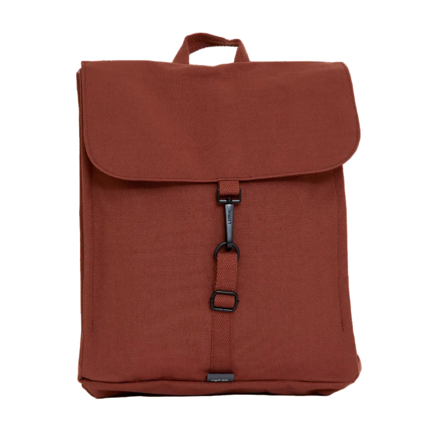 parte delantera de la mochila handy mini de lefrik en color bronze rojizo con un enganche metálico