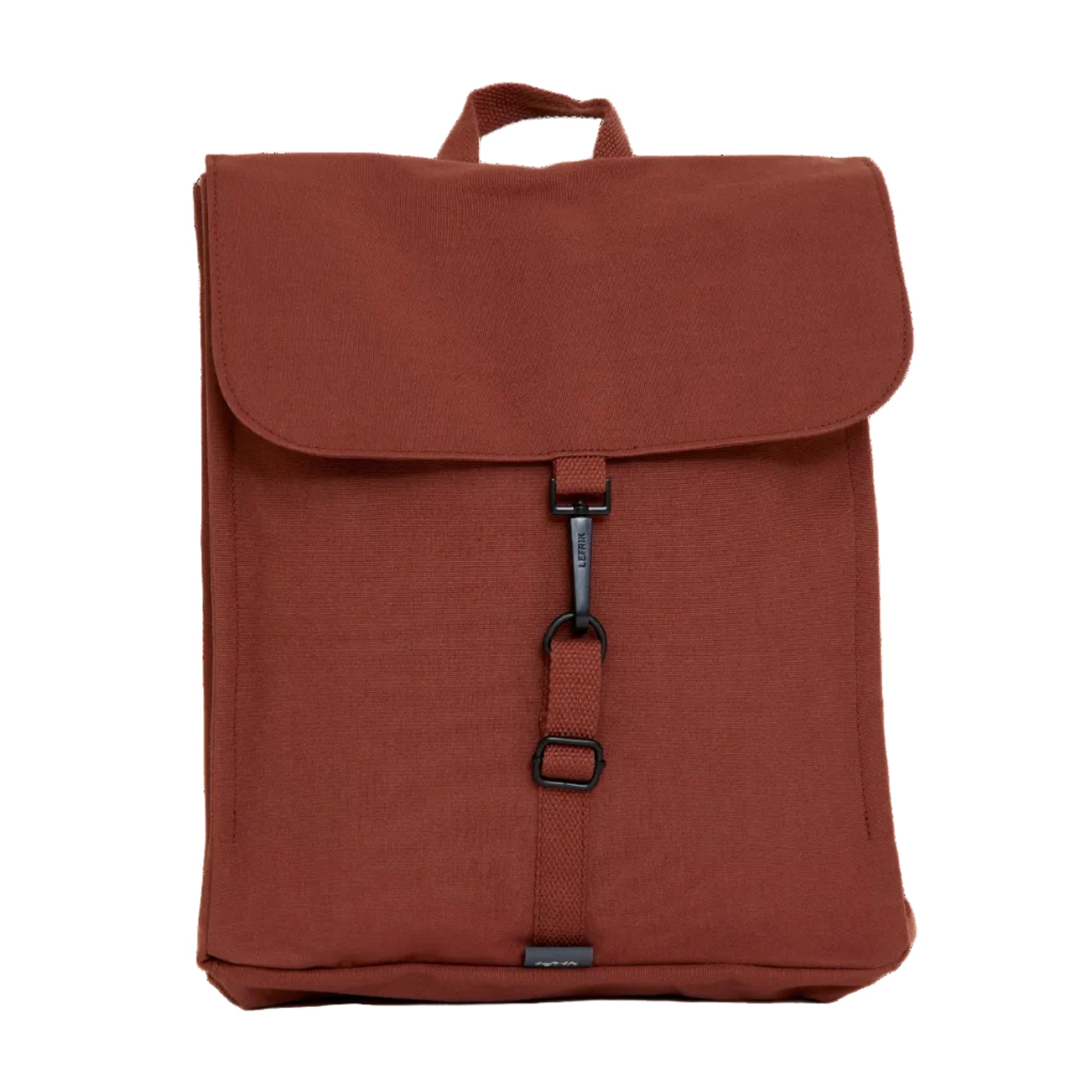 parte delantera de la mochila handy mini de lefrik en color bronze rojizo con un enganche metálico