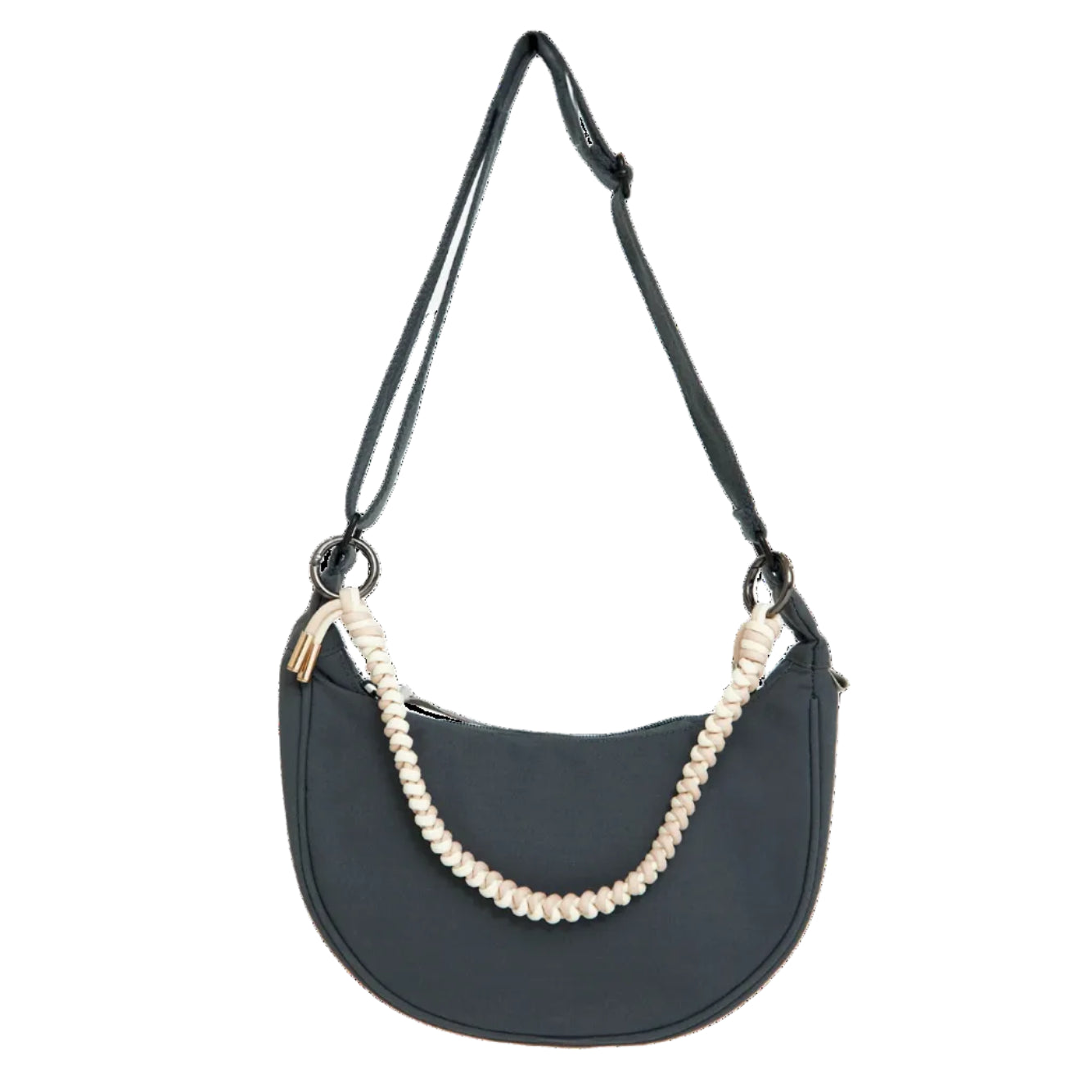 bolso lua de lefrik en color azul hoja de laurel en forma de media luna con una correa trenzada en color blanco que va unida a las asas mediante dos anillas metálicas a los extremos