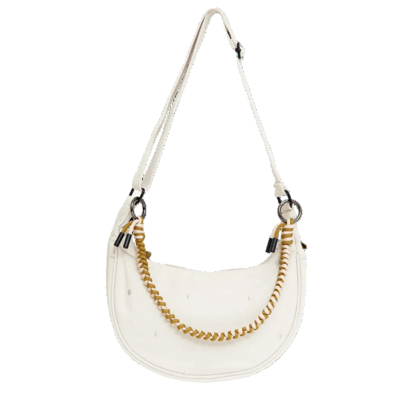 bolso lua de lefrik en color blanco con puntos en crudo y con una correa trenzada de color blanco y marrón enganchada a las asas con dos anillas metálicas