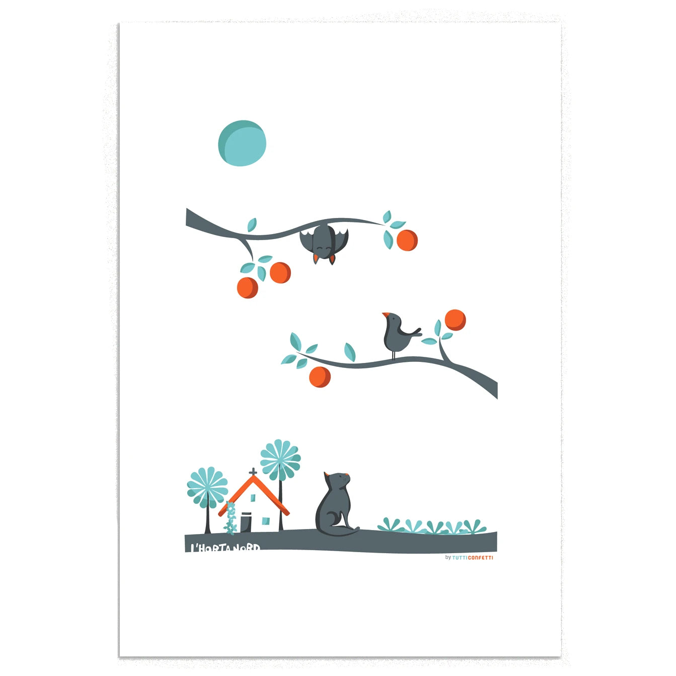 Ilustración de Tutticonfetti Horta Nord con ungato mirando un pájaro y un murciélago en un naranjo con una barraca de fondo