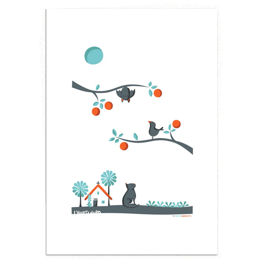 Ilustración de Tutticonfetti Horta Nord con ungato mirando un pájaro y un murciélago en un naranjo con una barraca de fondo