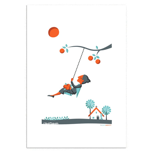 Ilustración de Tutticonfetti Horta Nord con una mujer columpiándose en un naranjo con una barraca de fondo