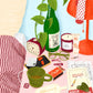 Ilustración del puzzle La Table de Chevet con una mesilla de noche cargada de objetos cotidianos: planta, vela, despertador, gafas, libro y lámpara naranja, diseño de Jour Férié
