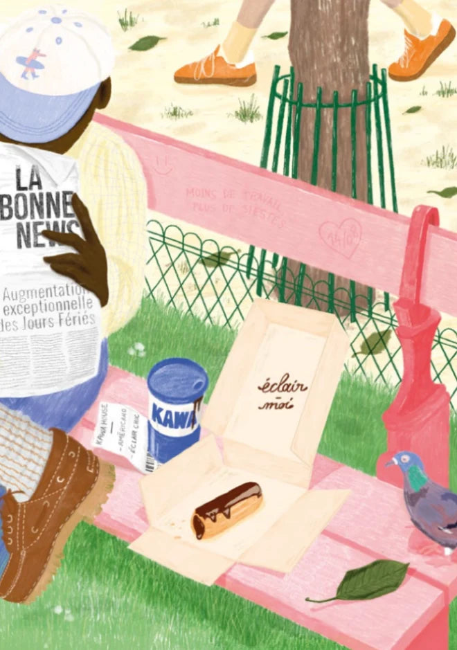 Ilustración del puzzle La Touche Sucrée con una escena en un banco de parque rosa: un éclair, un café Kawa, un periódico y una paloma, diseño de Jour Férié