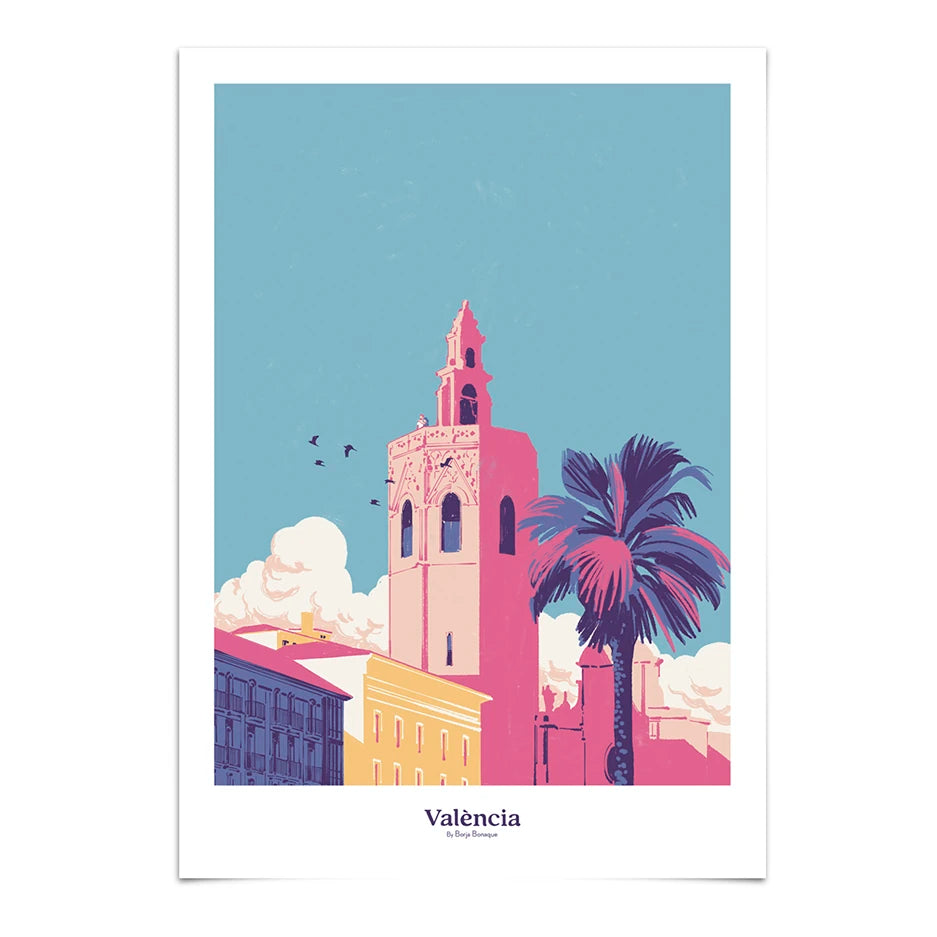 print del ilustrador Borja Bonaque con el Miguelete de Valencia, con edificios delante y una palmera y pájaros volando