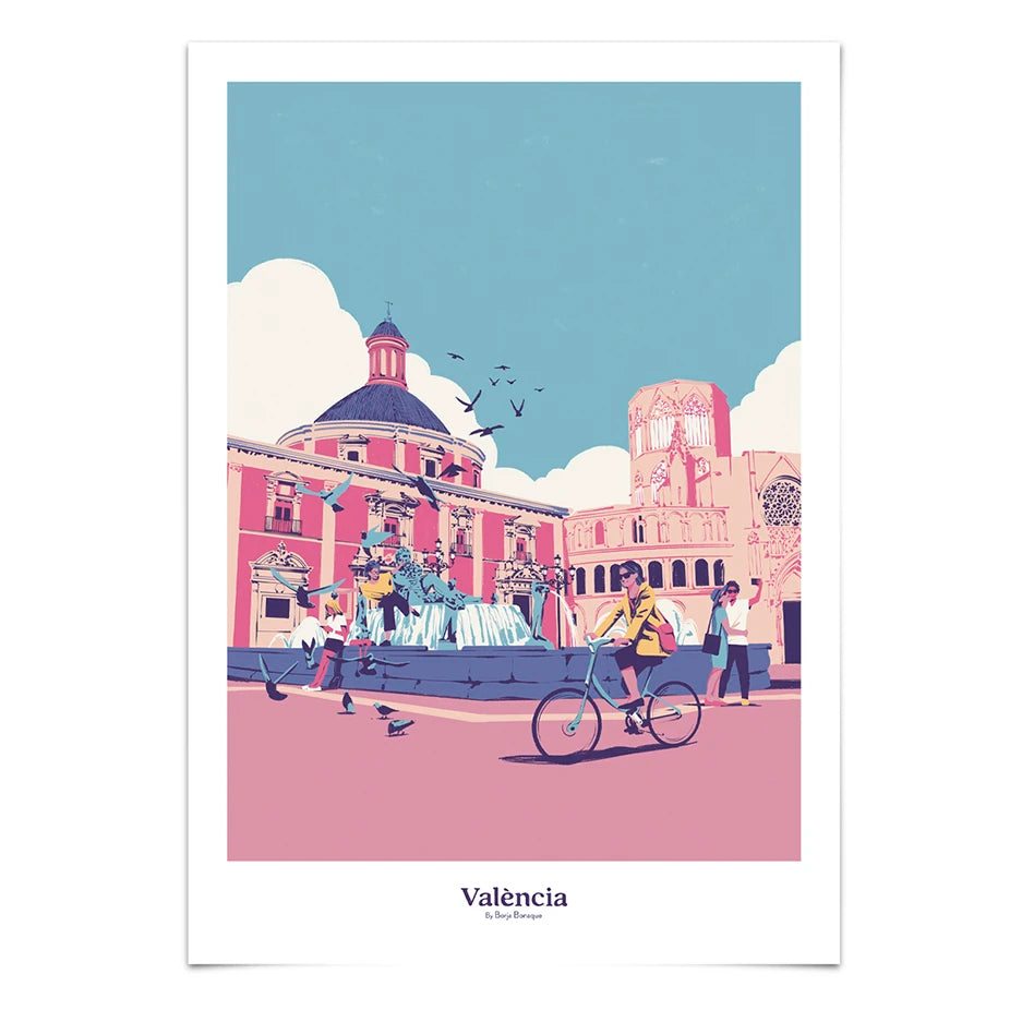 print del ilustrador Borja Bonaque con la plaza de la Virgen de Valencia, con pájaros volando, la fuente y gente pasando por delante, haciéndose fotos y yendo en bici