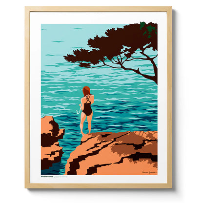 Lámina enmarcada con ilustración 40x50 de una chica de espaldas en bañador negro sobre una roca mirando al Mar Mediterráneo