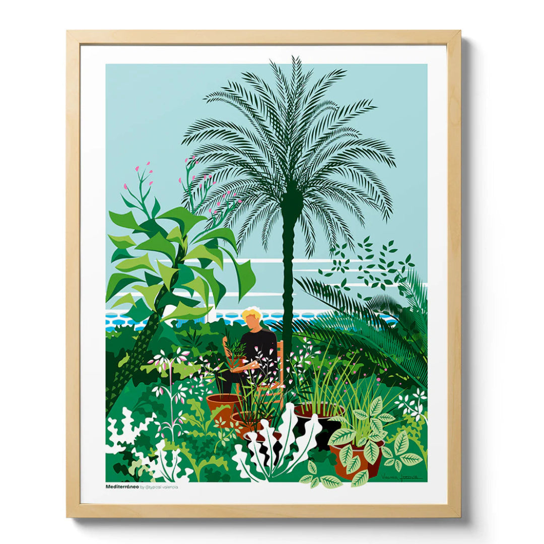 Ilustración de Atypical València del bosque mediterráneo con el mar al fondo en Almenara enmarcada.