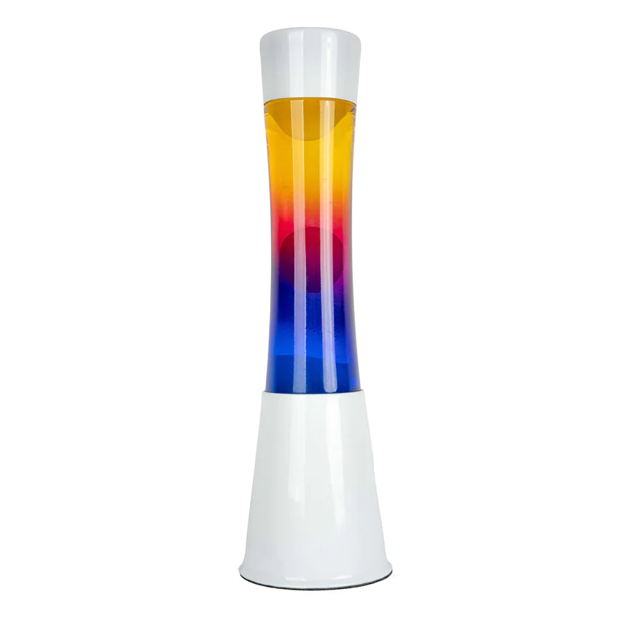 Lámpara de lava con estructura blanca y degradado de colores