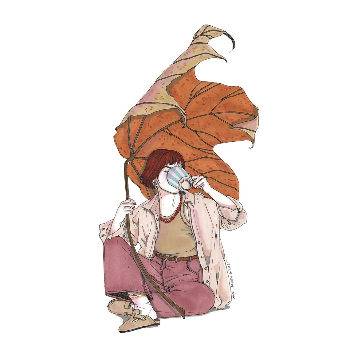 Ilustración de Ana Jarén deuna chica sentada en el suelo bebiendo de un mug a rayas y tapada con una hoja seca