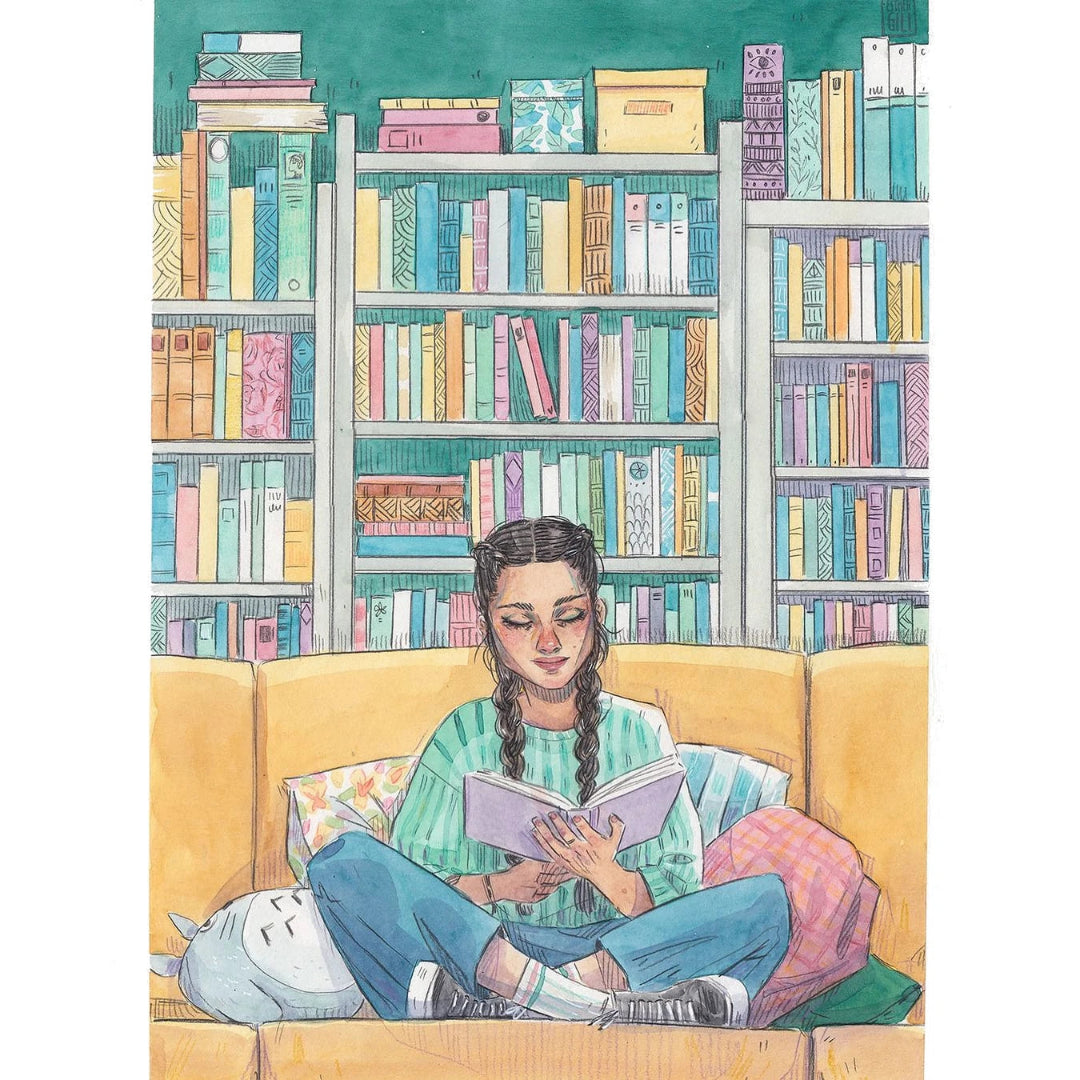 Ilustración de Esther Gili de una chica en un sofá leyendo un libro