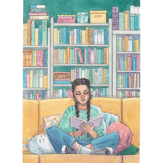 Ilustración de Esther Gili de una chica en un sofá leyendo un libro